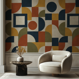 Modernist Blocks Wallpaper with squares and circles, displayed in a styled interior.