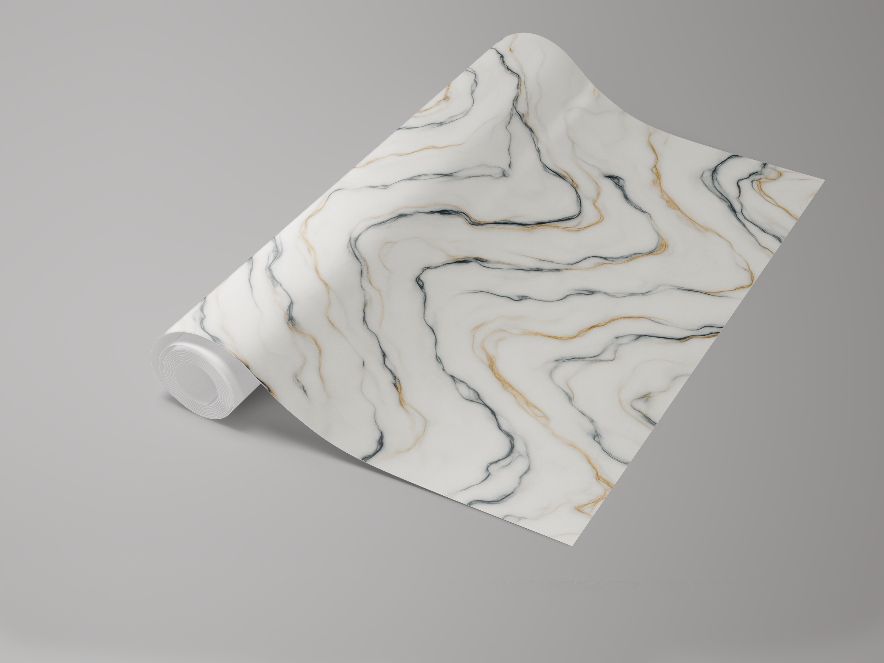 Modern marble wallpaper with black and gold veins, decorative roll pattern.