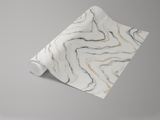 Modern marble wallpaper with black and gold veins, decorative roll pattern.
