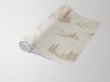 Beige wallpaper roll with sketched mountain range pattern.