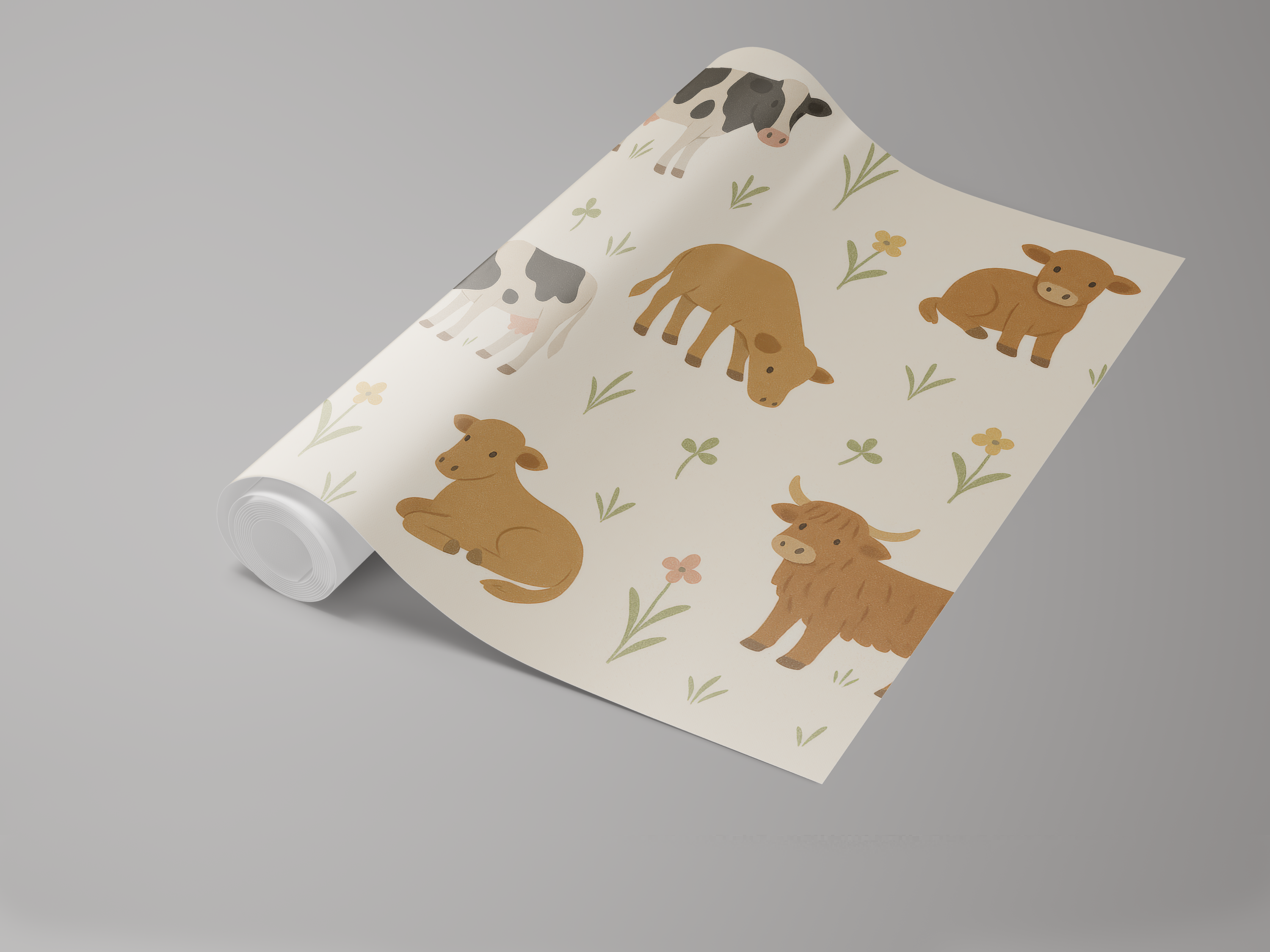 Cow-themed wallpaper with floral accents on a roll.