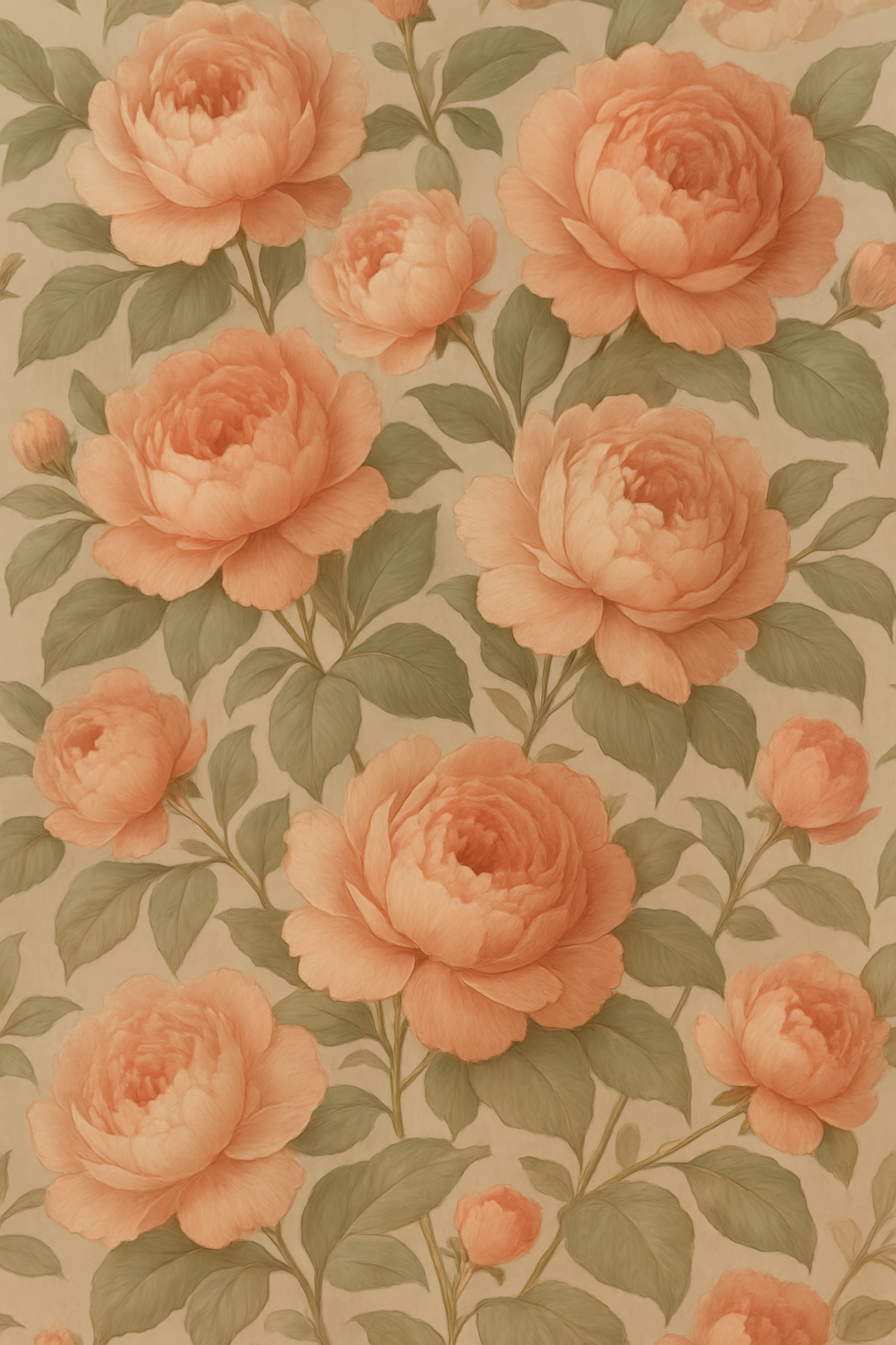 Floral peony wallpaper with muted tones, featuring salmon-colored blossoms and sage green foliage.