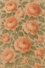 Floral peony wallpaper with muted tones, featuring salmon-colored blossoms and sage green foliage.