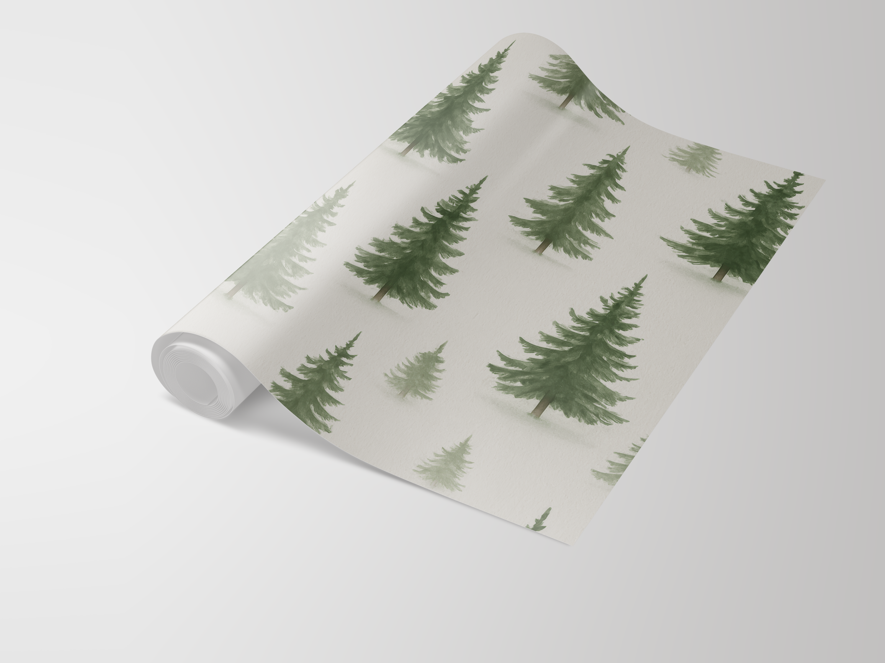 Pine trees wallpaper with green tree pattern on a roll.
