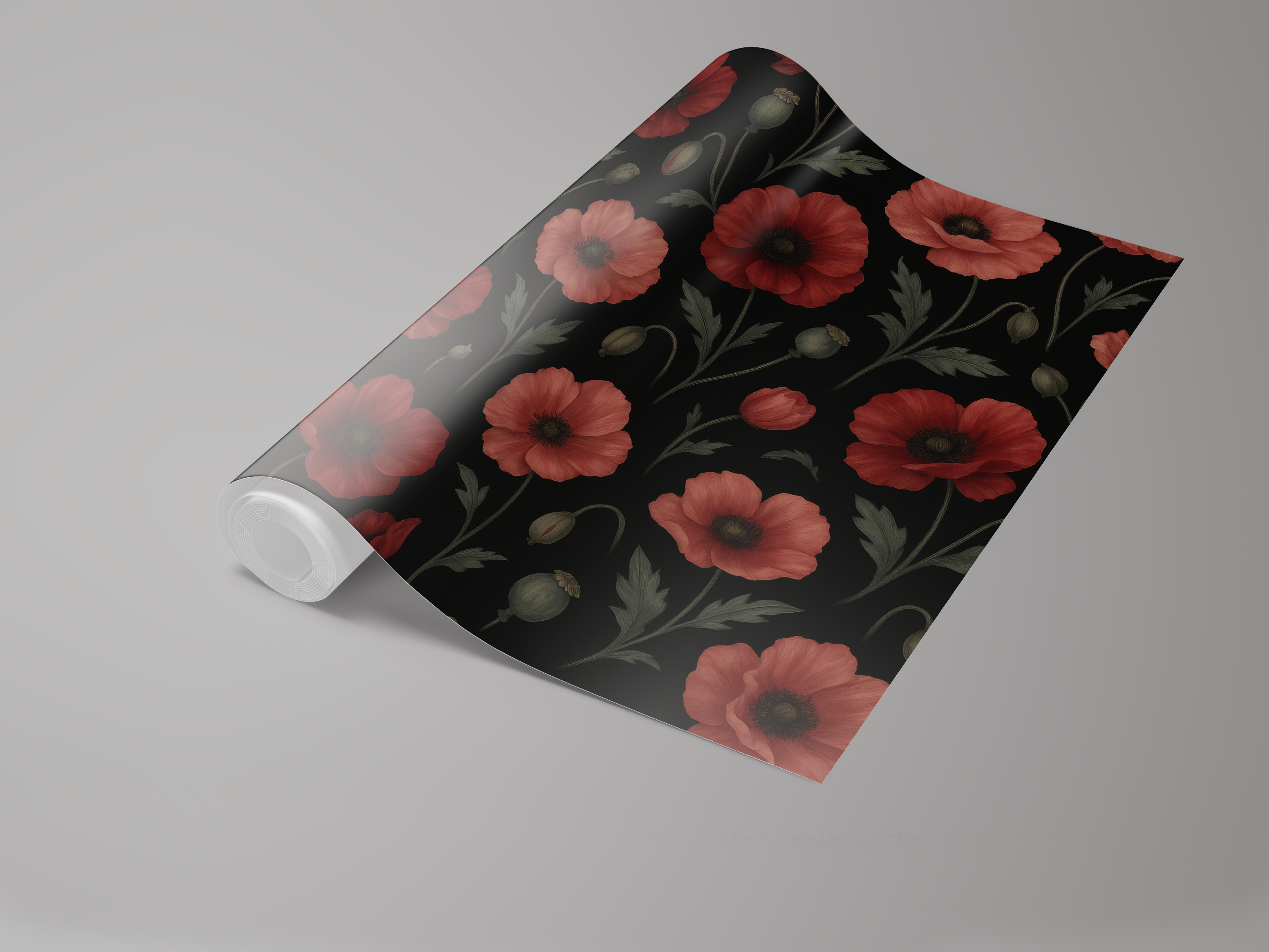 Poppy fields wallpaper with red floral pattern on a black background.