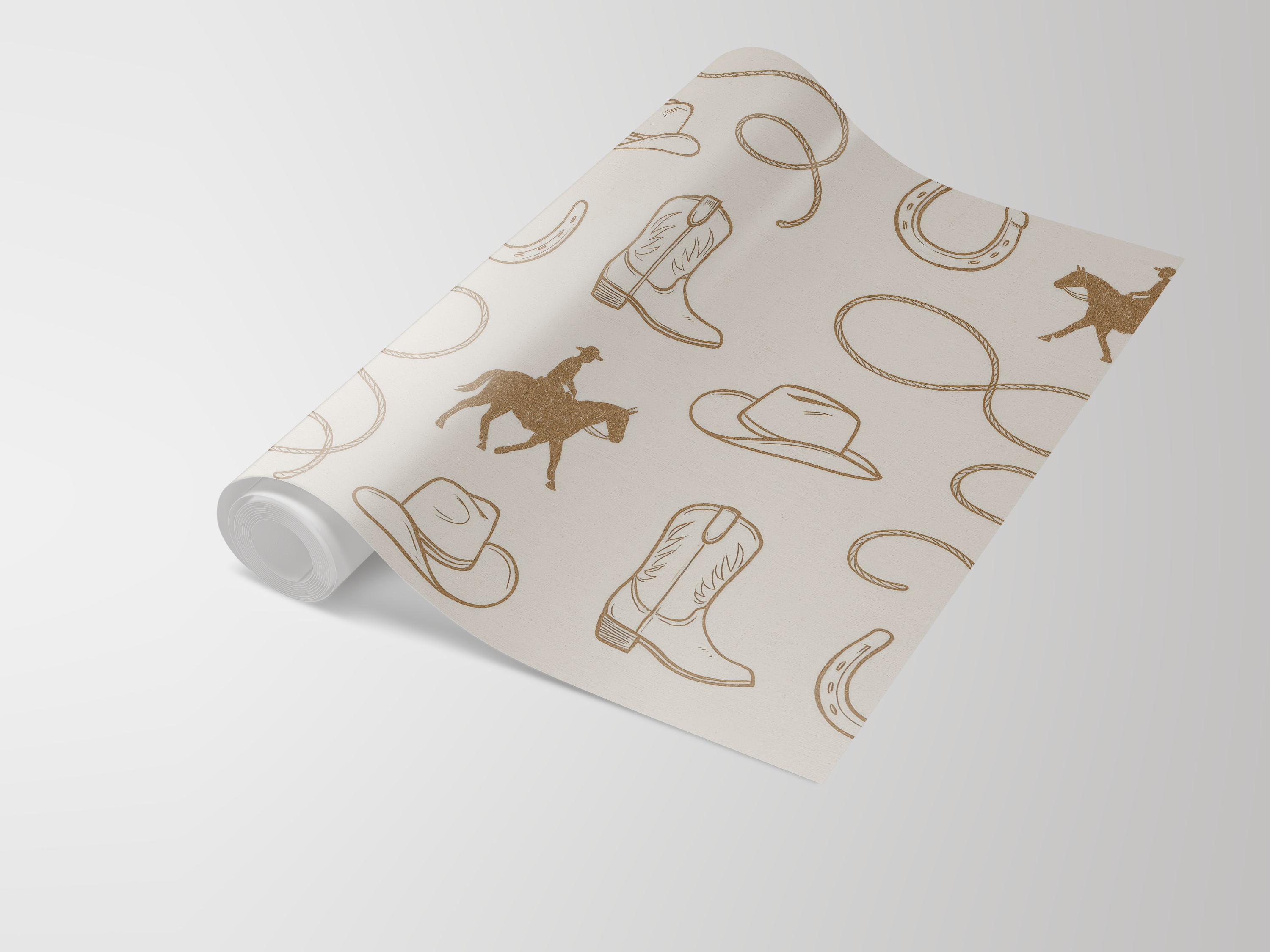 Beige Prairie Rider Wallpaper with western-inspired motif of cowboy hats, horseshoes, ropes, cowboy boots and riders on horseback.