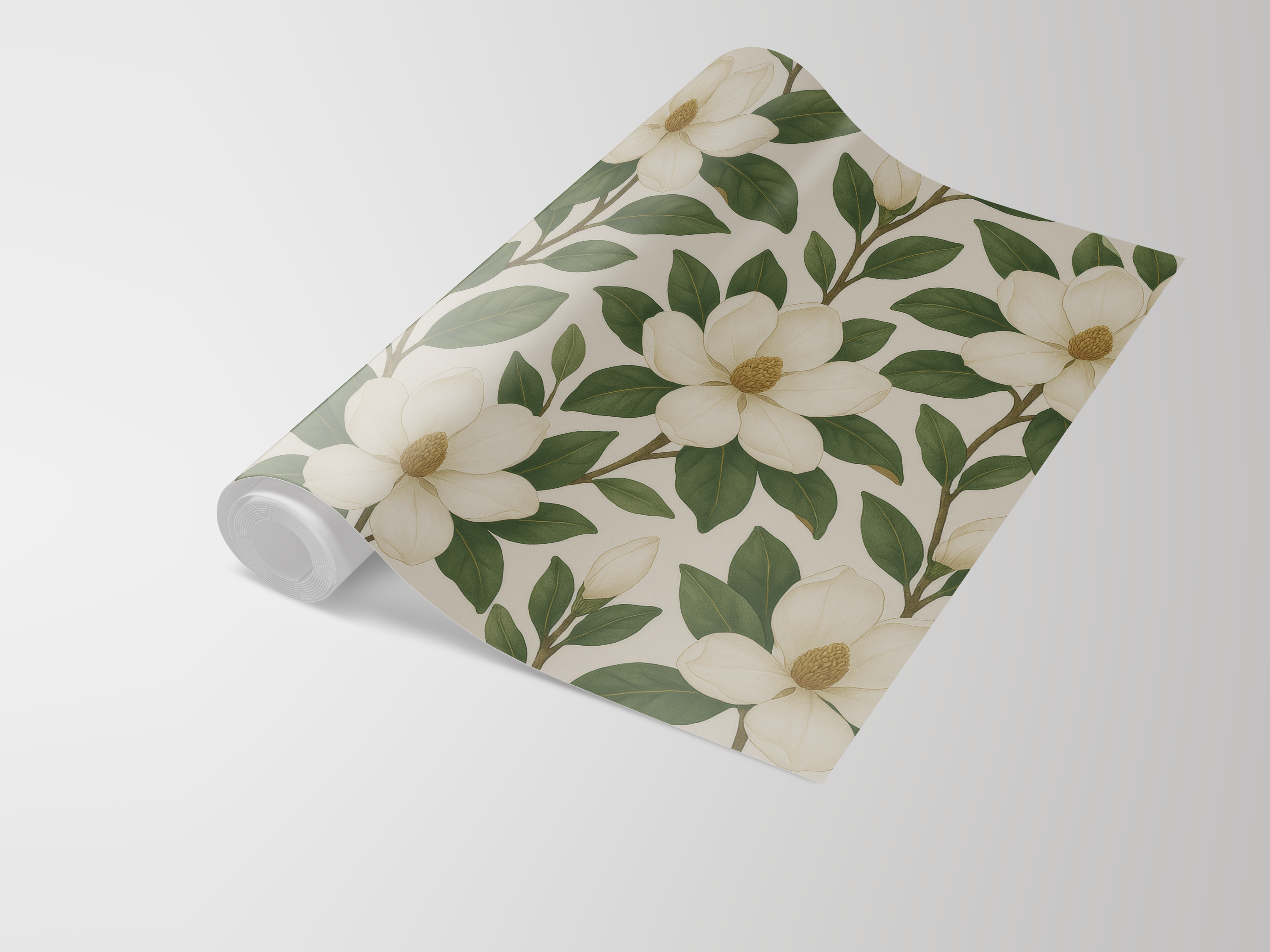Patterned Southern Magnolia wallpaper with floral magnolia design.