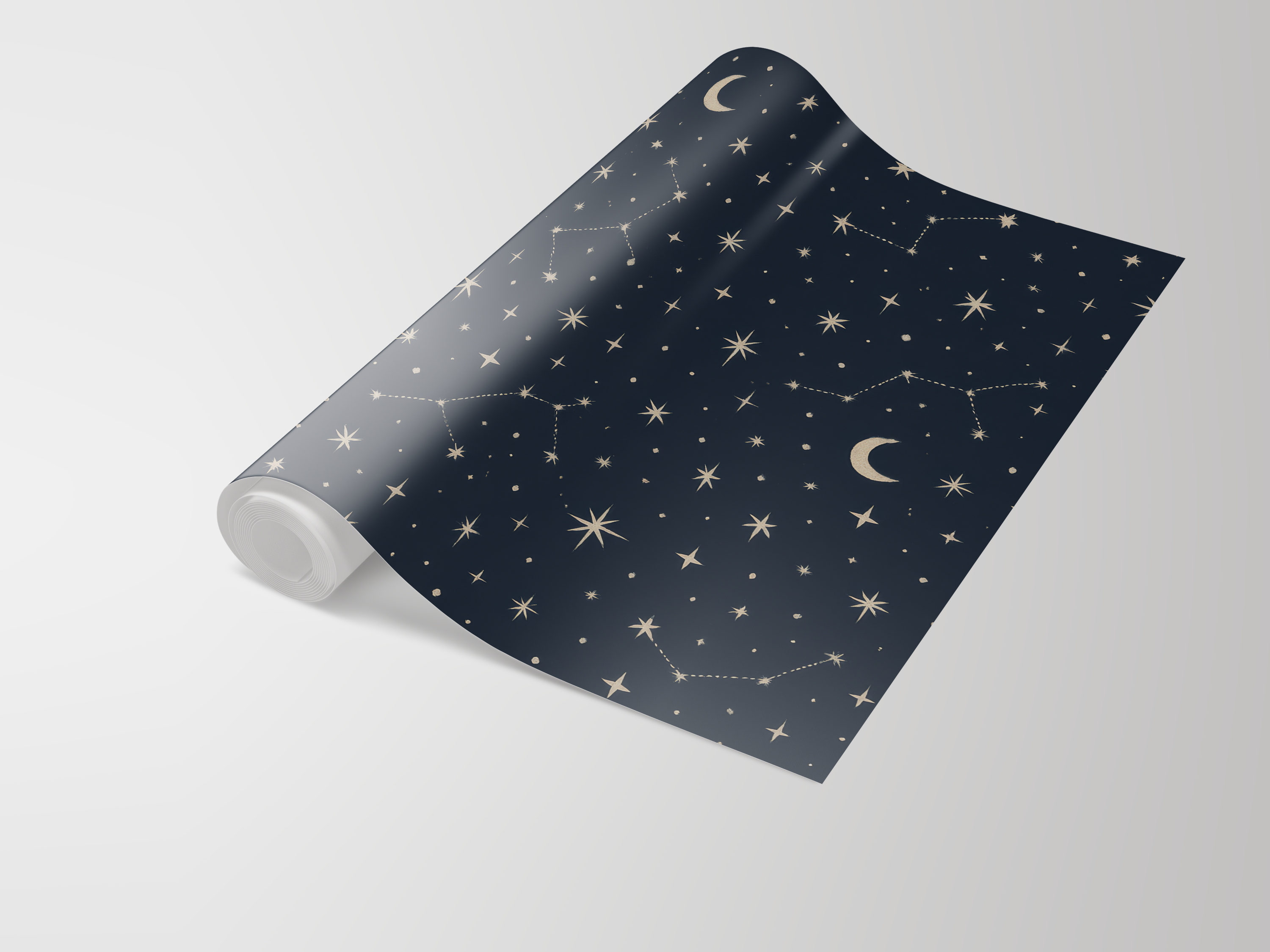 Navy blue wallpaper with starry skies pattern by Wallpapers, featuring constellations and a crescent moon.