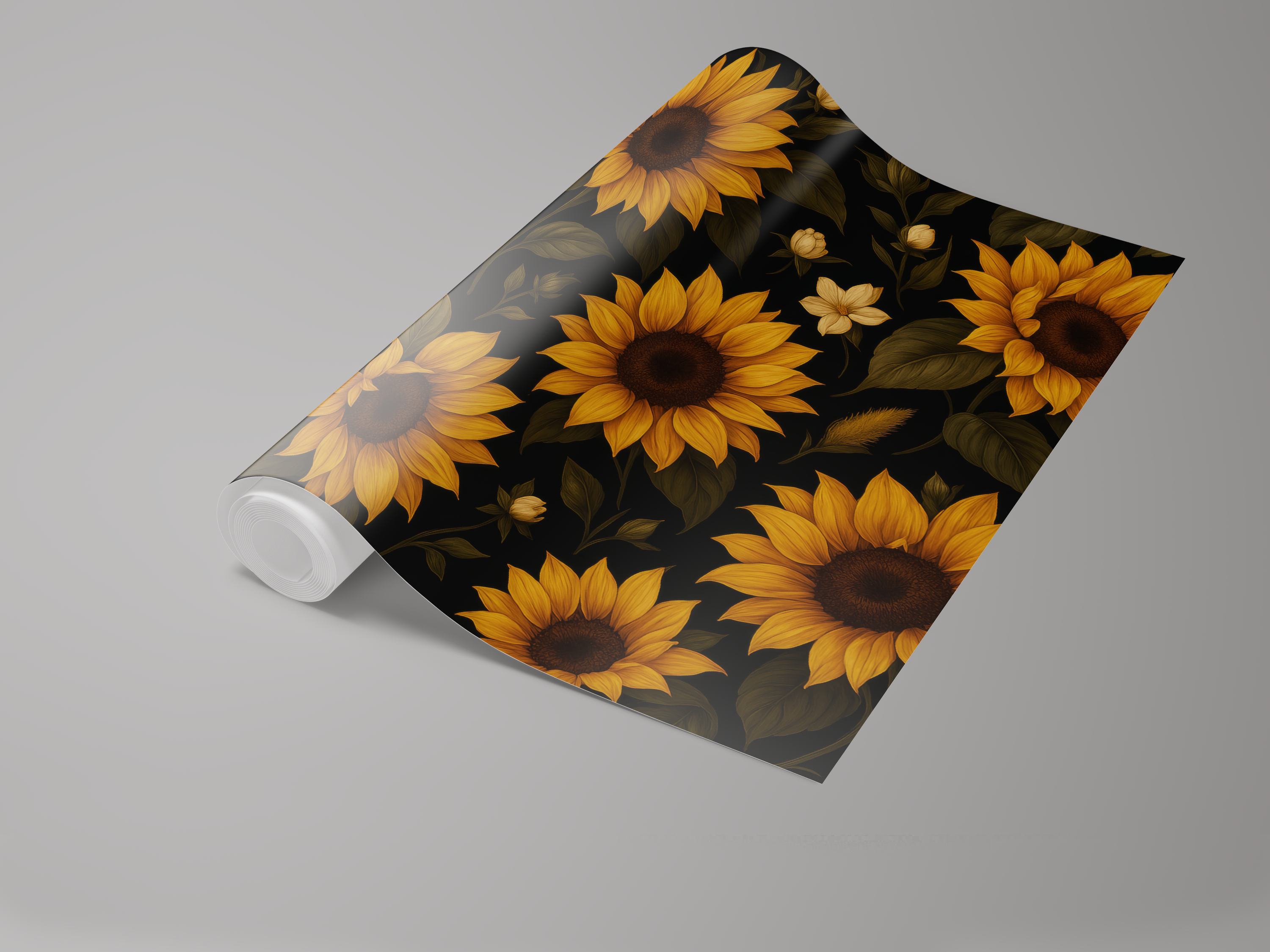 Floral wallpaper with sunflower pattern on black background.