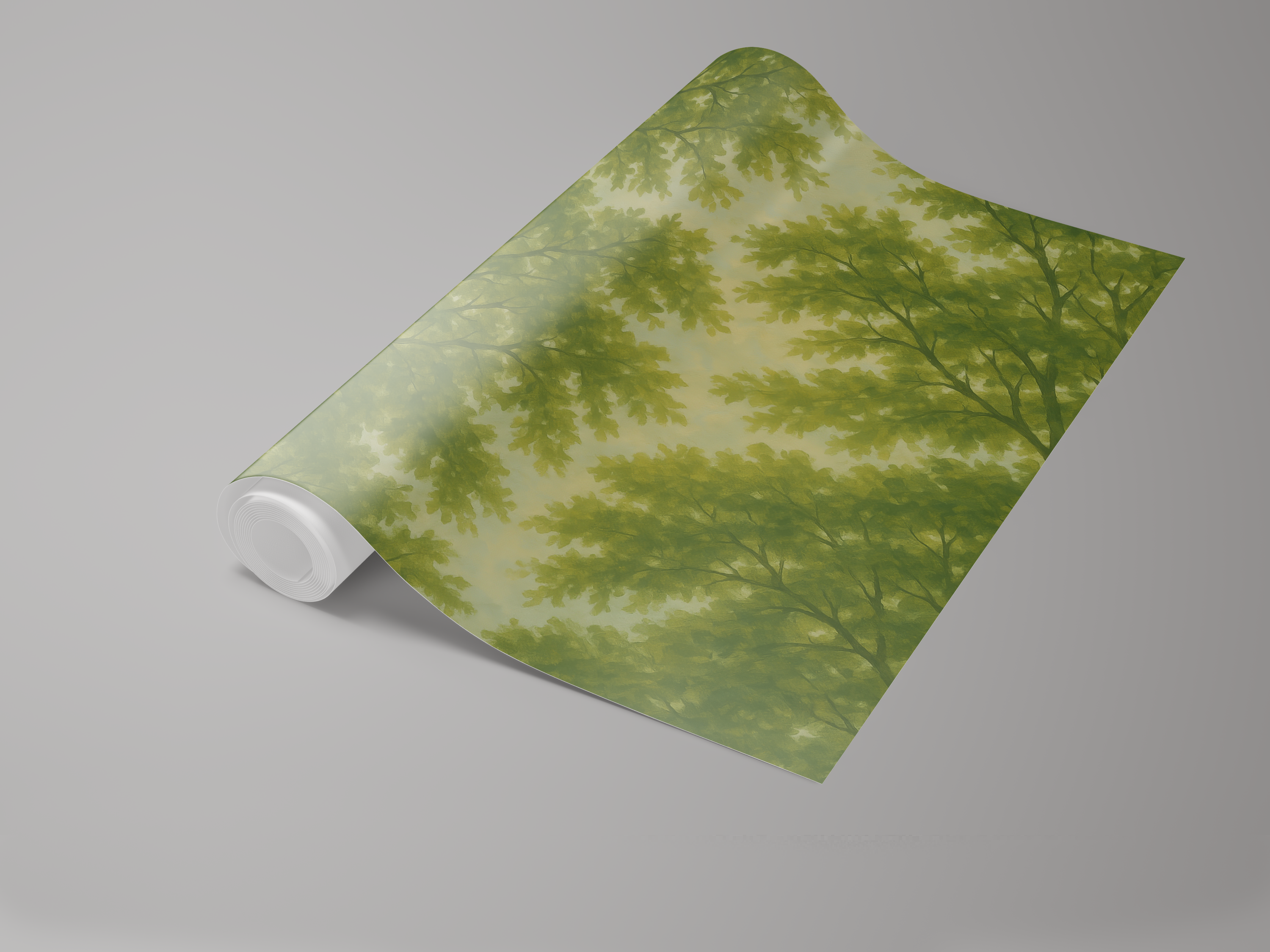 Green sunlit canopy wallpaper by MuralsWallpaper featuring an impressionistic leafy tree pattern.