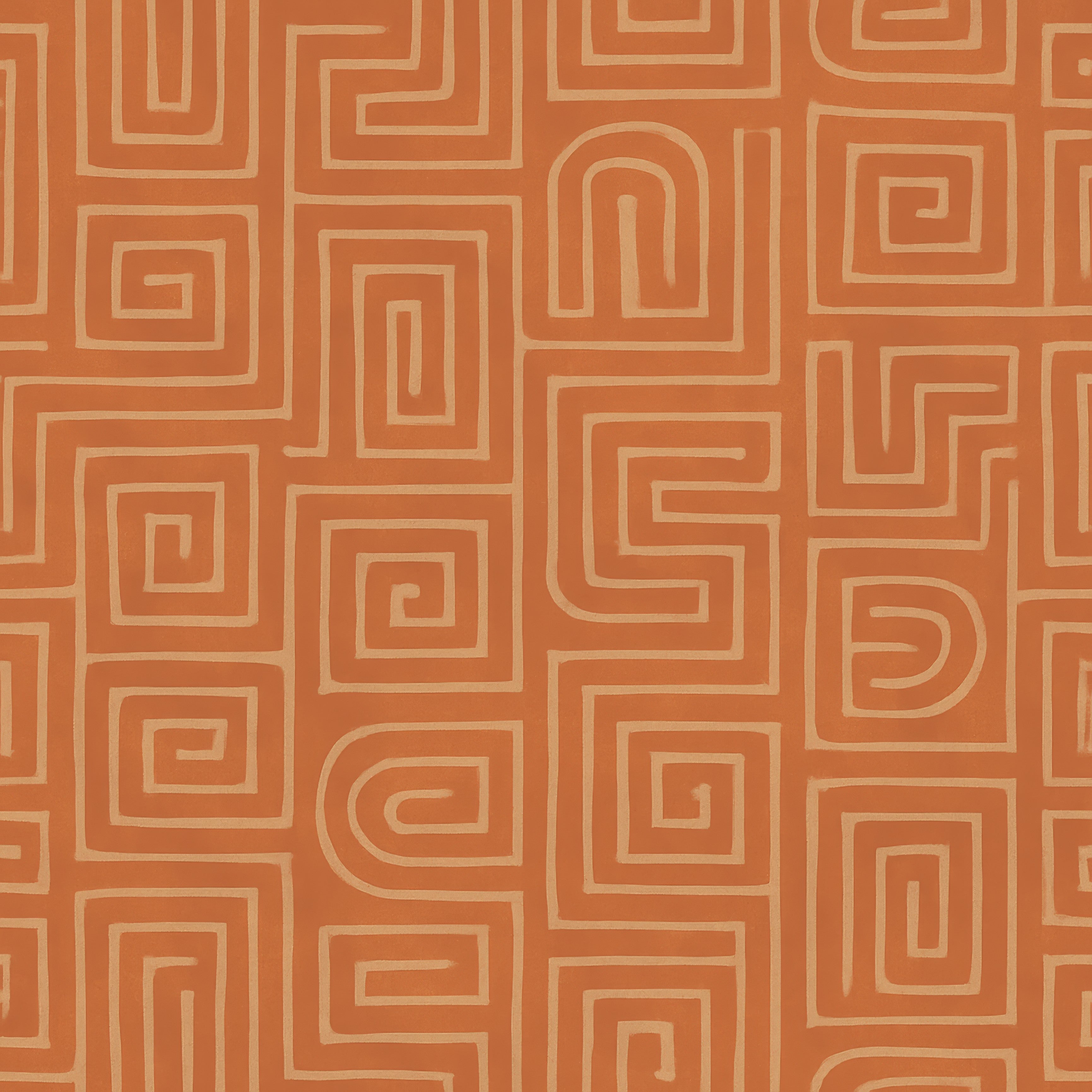 Orange maze patterned wallpaper featuring geometric designs.