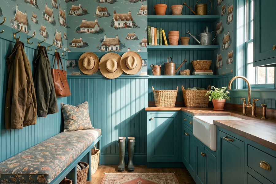 Sage Cottage Lane Wallpaper