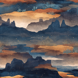 Patterned wallpaper depicting a desert landscape with mountains and plants.
