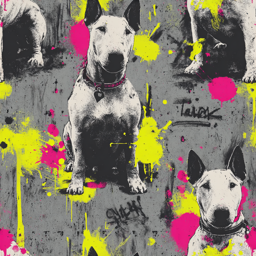 Graffiti terrier wallpaper with a gray background, splattered with pink and yellow paint, and dog pattern.