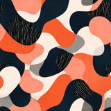 Coral Loop Wallpaper with orange, white, and navy blobs, featuring textured gray underlays and black line details.