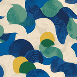 Abstract patterned wallpaper with blue, green, and yellow swirling shapes.