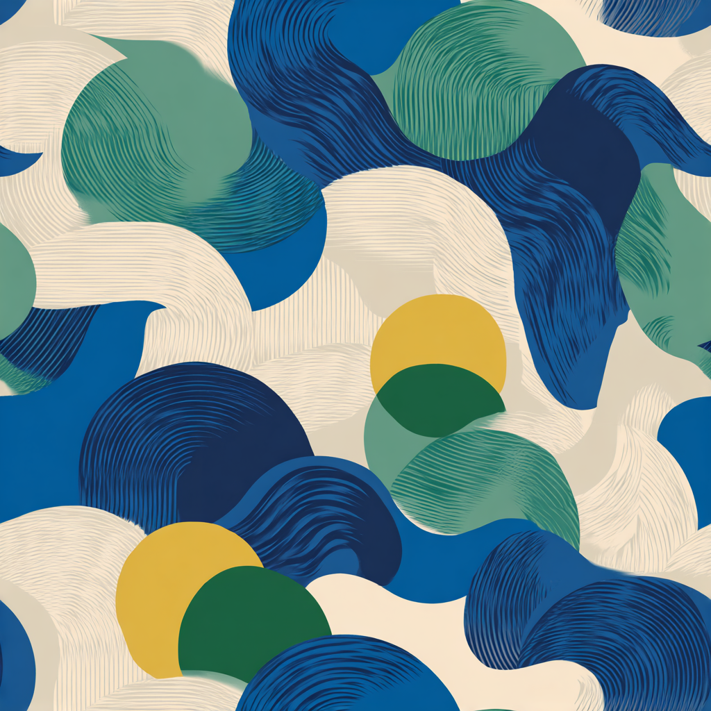 Abstract patterned wallpaper with blue, green, and yellow swirling shapes.