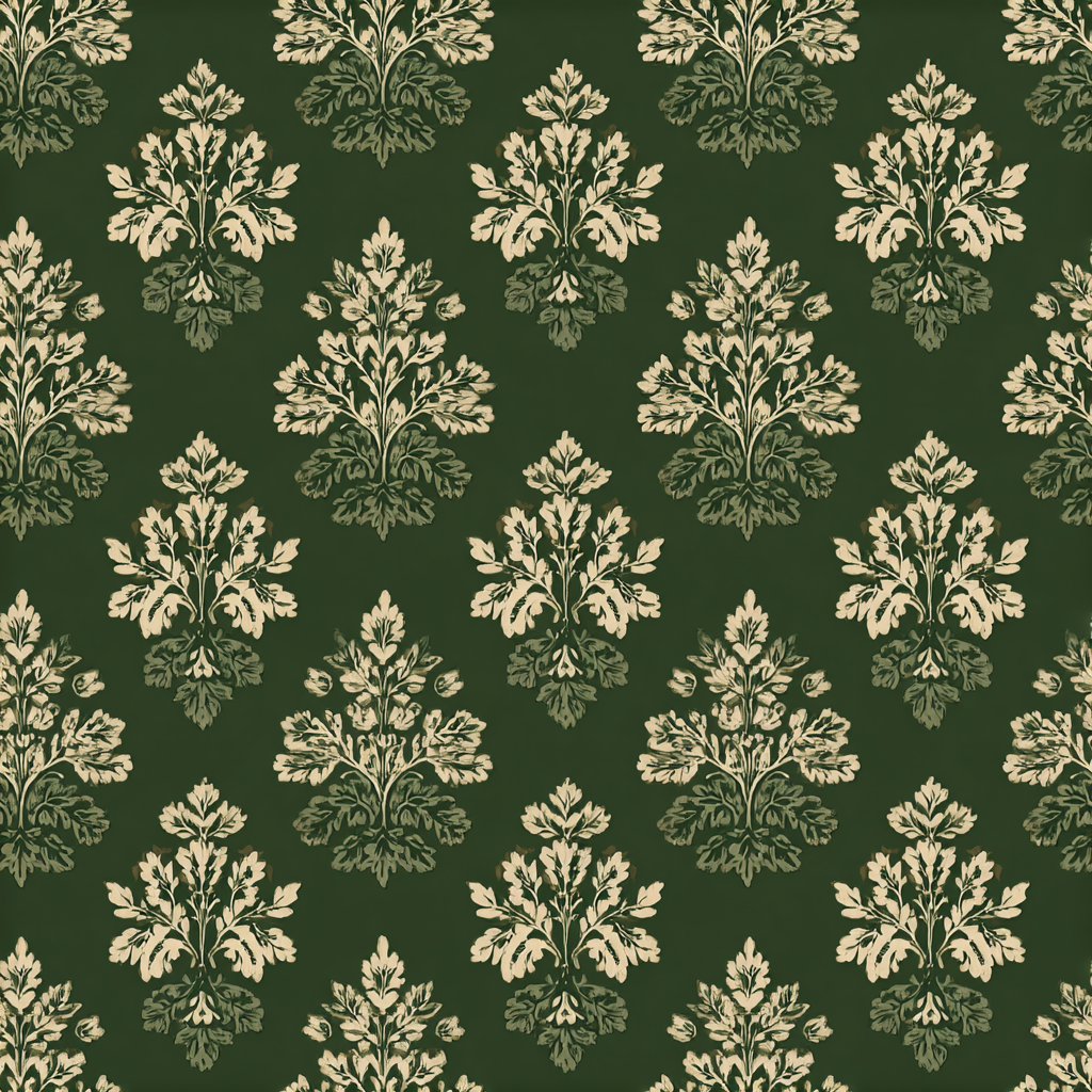 Green Hearthwood Heraldry Wallpaper with ornamental damask botanical design.