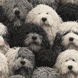 Gray and white Cumulus Companion wallpaper with repeating dog portraits.