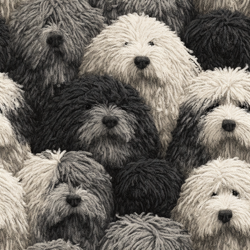 Gray and white Cumulus Companion wallpaper with repeating dog portraits.