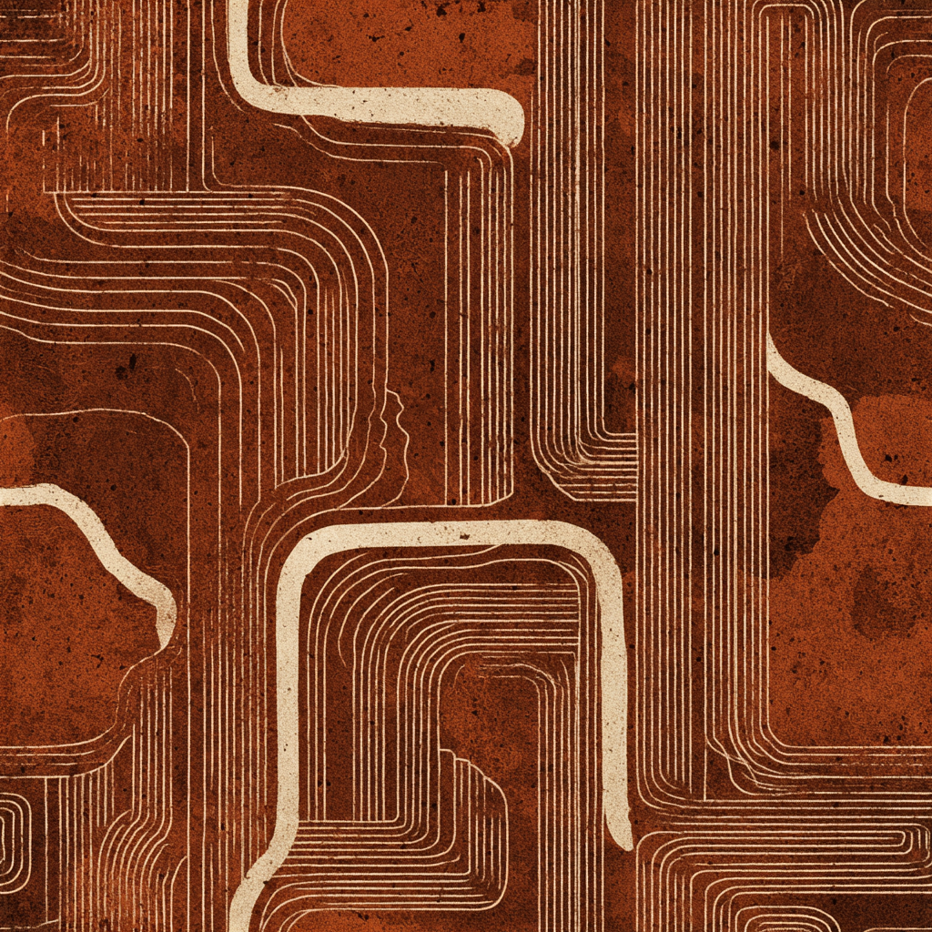 Abstract red and cream wallpaper with linear pattern, resembling pathways.
