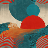 Abstract patterned wallpaper with red, orange, and blue waves and geometric shapes.

