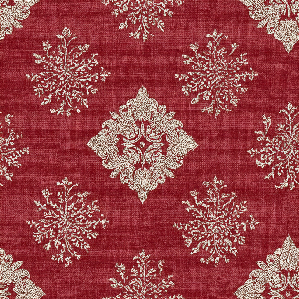 Red garnet medallion wallpaper with needlepoint texture and botanical pattern.
