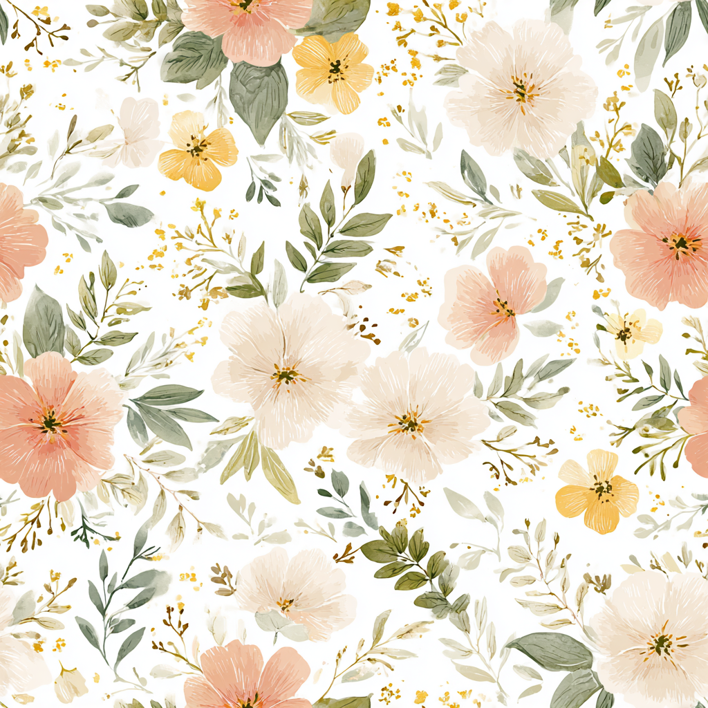 Floral meadow wallpaper with peach and yellow blooms, and green foliage pattern.
