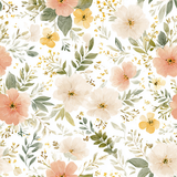 Floral meadow wallpaper with peach and yellow blooms, and green foliage pattern.