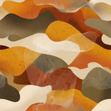 Abstract patterned wallpaper with brown, orange, and cream tones, textured with speckles and thin lines.