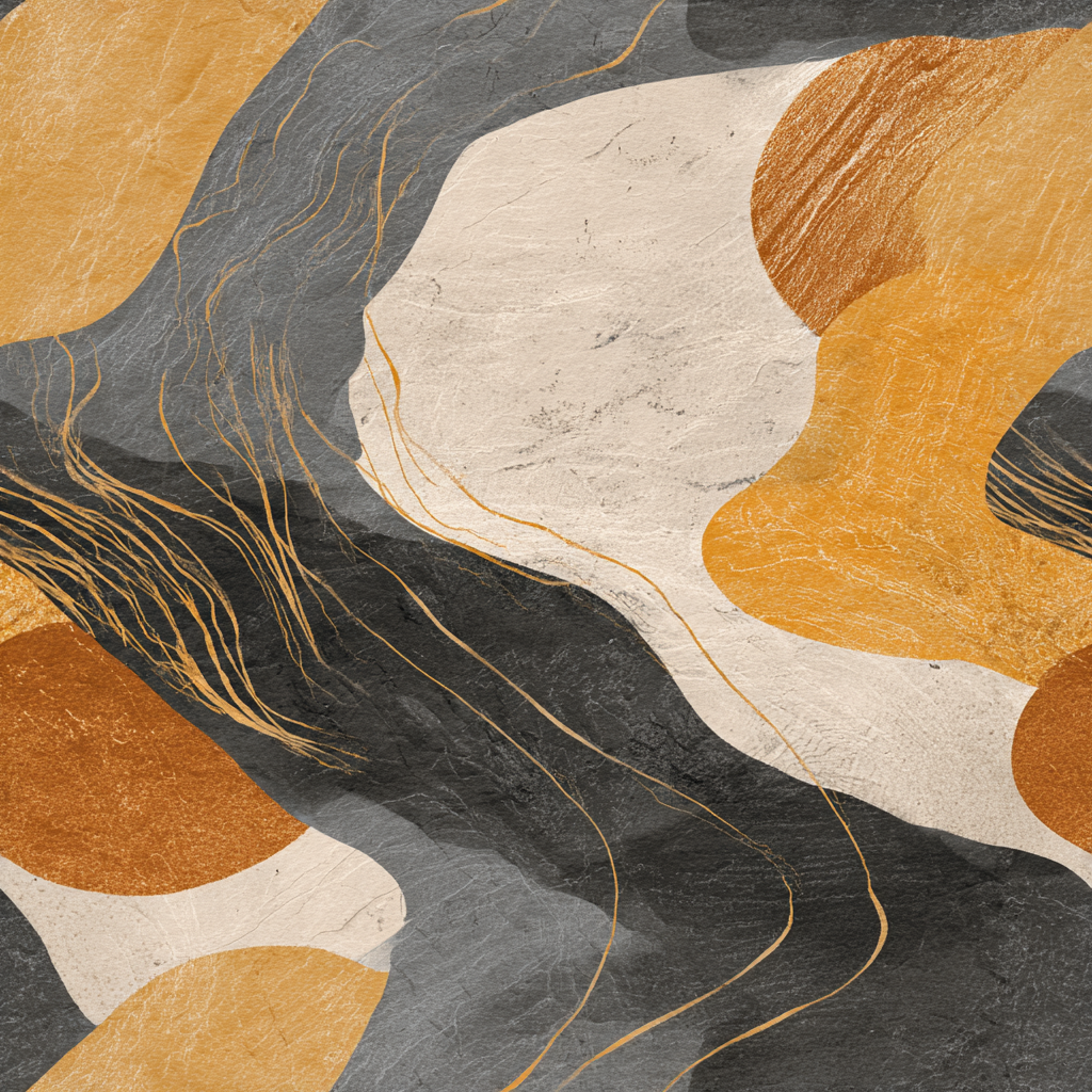Abstract patterned wallpaper in ochre, gray, and cream with gold line accents.