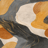 Abstract patterned wallpaper in ochre, gray, and cream with gold line accents.
