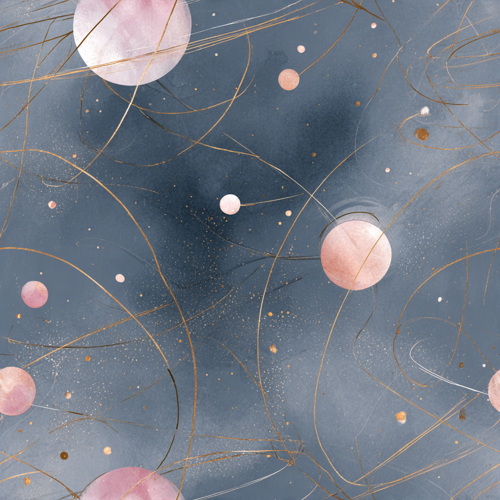 Abstract patterned wallpaper with pink orbs and golden thread-like lines.