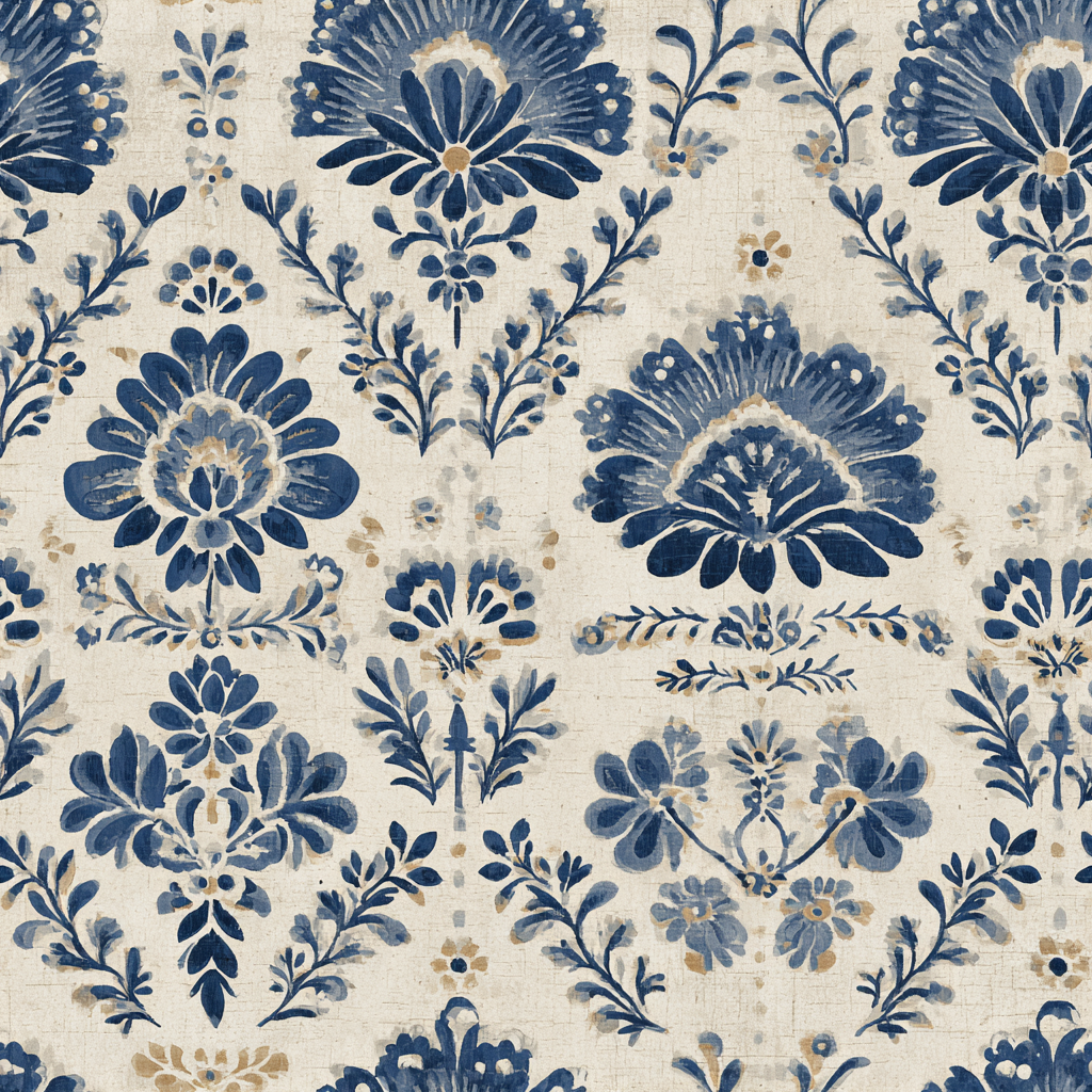 Indigo wallpaper from Linenfolk, featuring a floral block print pattern on a textured beige background.
