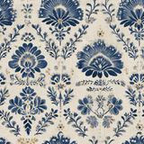 Indigo wallpaper from Linenfolk, featuring a floral block print pattern on a textured beige background.
