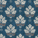 Indigo Fieldhouse Wallpaper with a wood plank texture and white leaf and brown berry pattern.