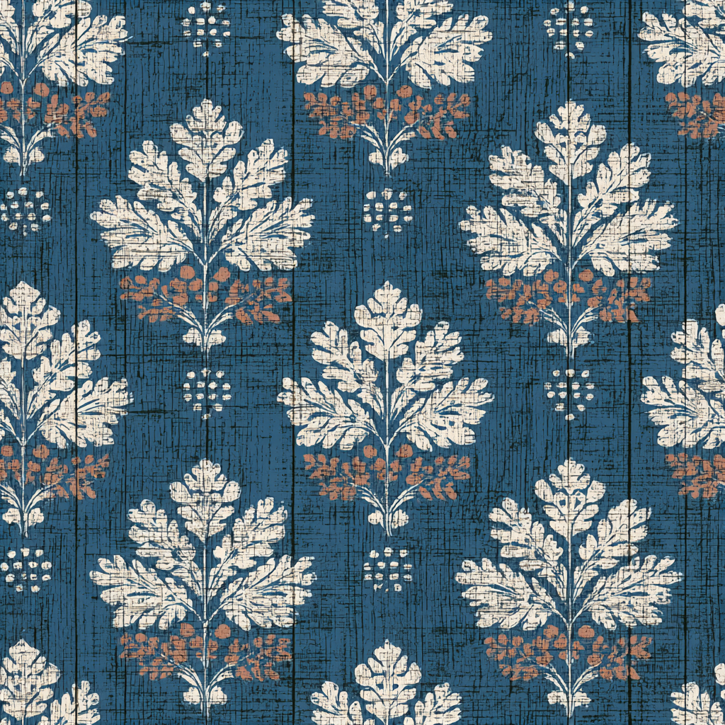 Indigo Fieldhouse Wallpaper with a wood plank texture and white leaf and brown berry pattern.
