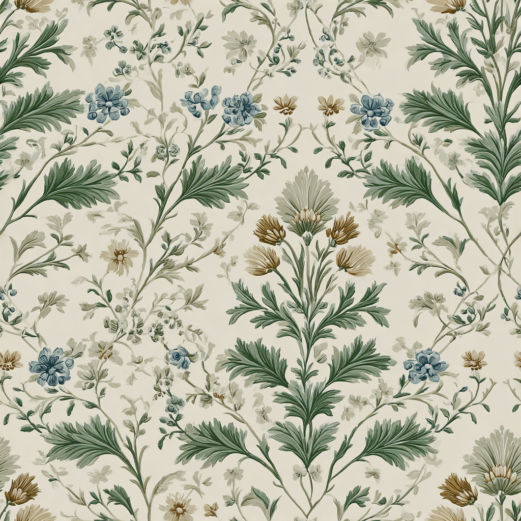 Floral Greenbriar Conservatory Wallpaper with a pattern of green leaves and blue flowers.