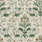 Floral Greenbriar Conservatory Wallpaper with a pattern of green leaves and blue flowers.