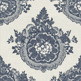 Navy wallpaper with a briarfiligree pattern, featuring floral lace and leaf details.