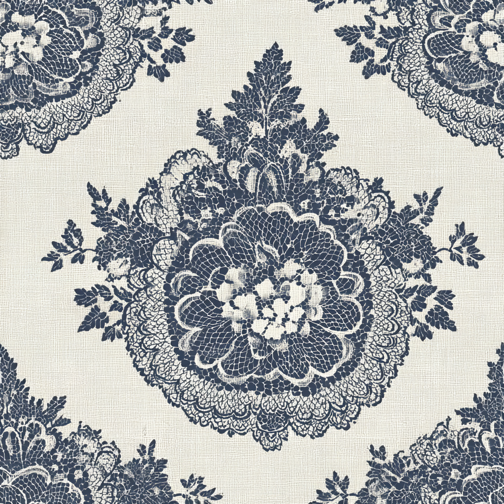Navy wallpaper with a briarfiligree pattern, featuring floral lace and leaf details.