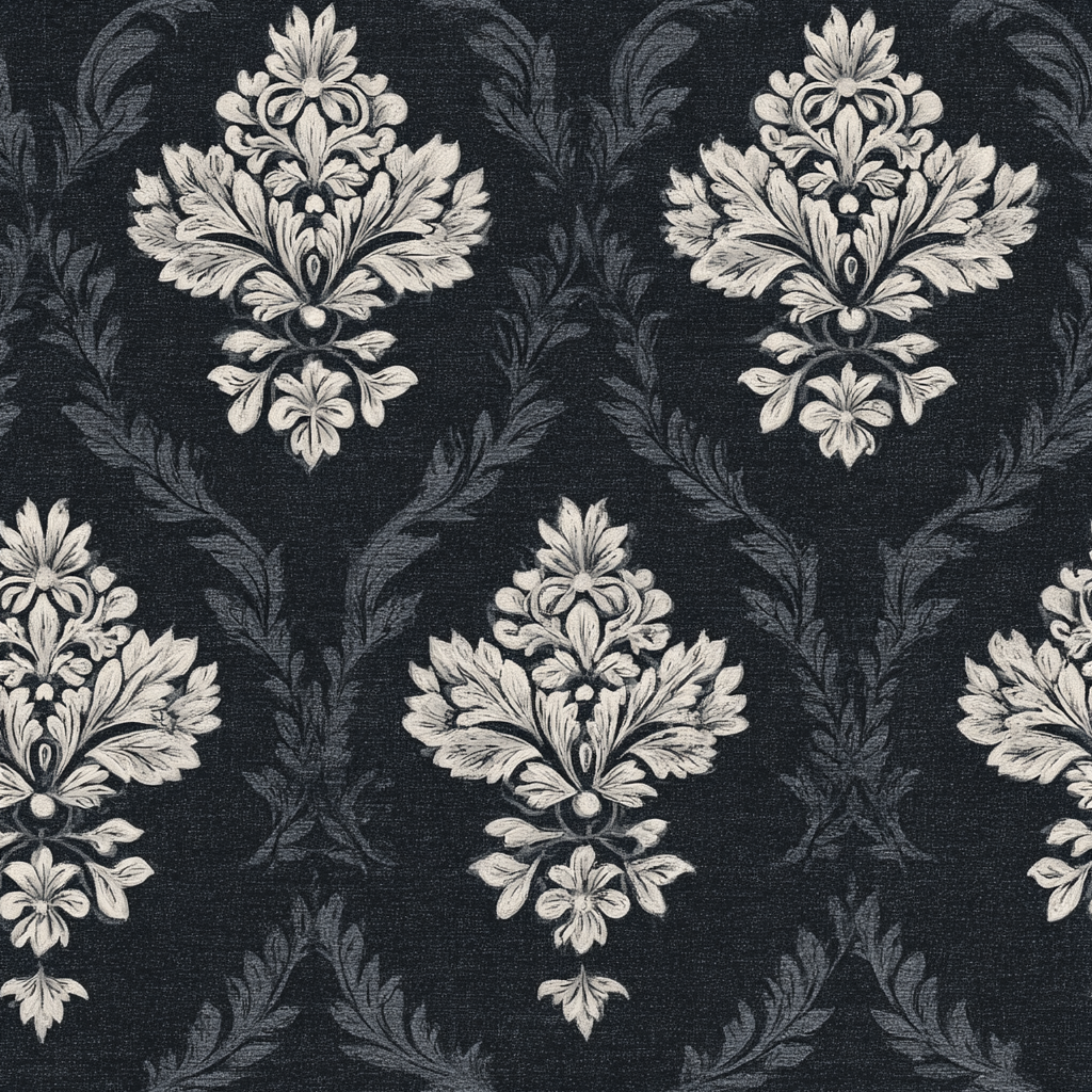 Brocade wallpaper with damask pattern on a textured black background.