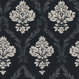 Brocade wallpaper with damask pattern on a textured black background.