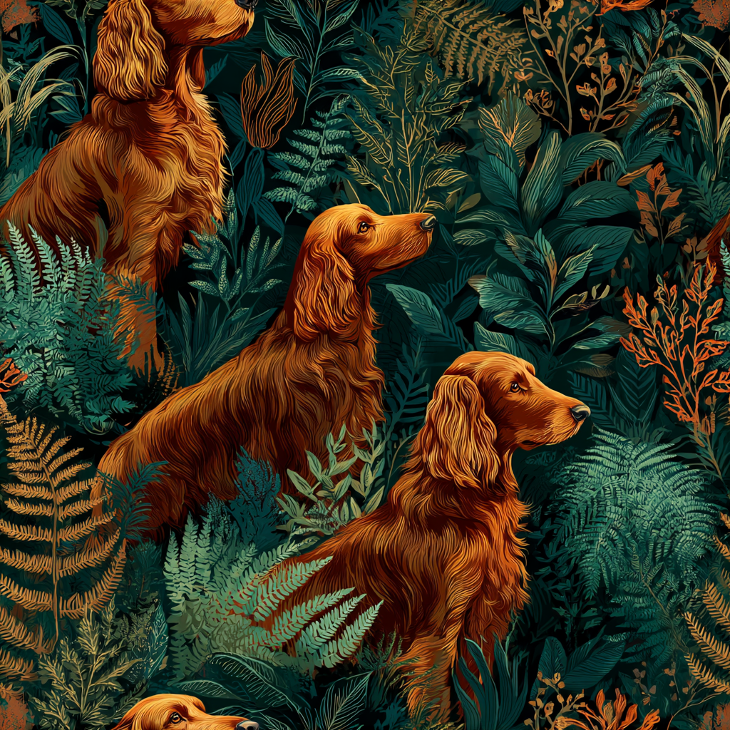 Setter's Grove wallpaper with brown setters by an unknown brand in a dense, leafy jungle pattern.
