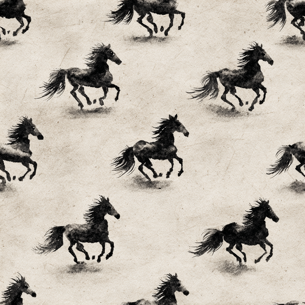 Gallop & Ink wallpaper with running horse pattern on a parchment texture.