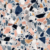 Terrazzo Riviera wallpaper with blue, pink, and tan speckled pattern.