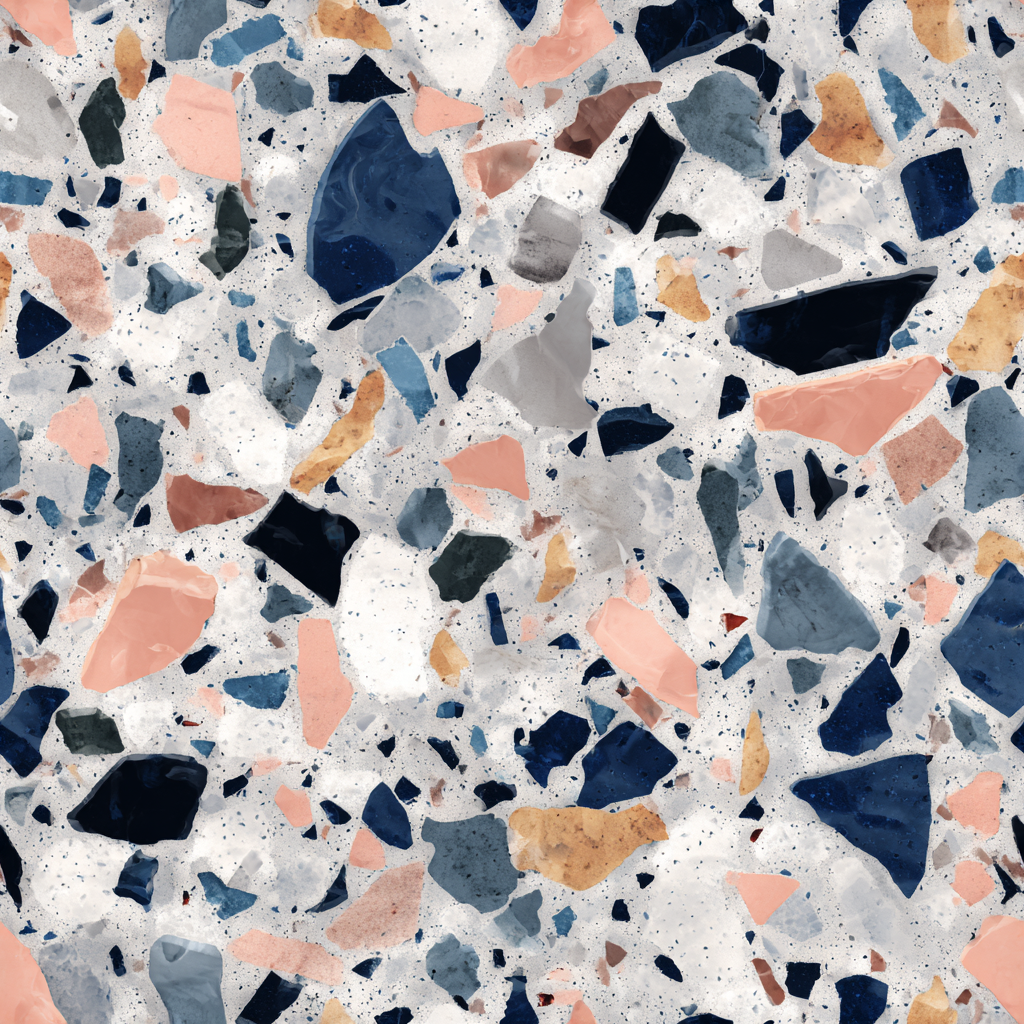 Terrazzo Riviera wallpaper with blue, pink, and tan speckled pattern.