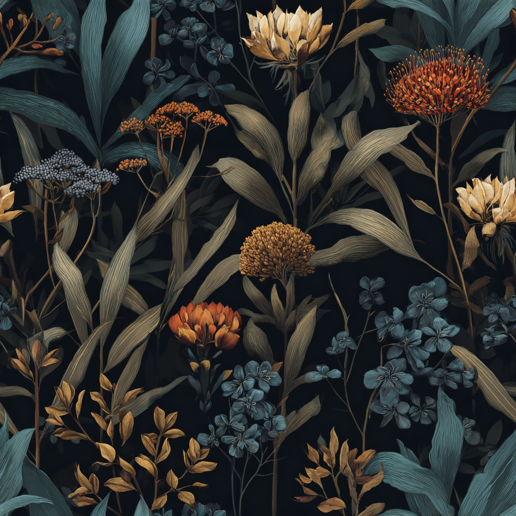Ashroot Garden Wallpaper with flowers and leaves on a dark background.