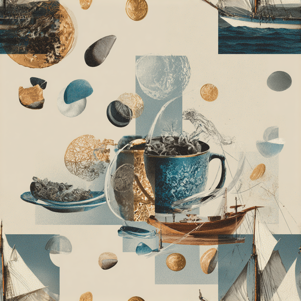 Abstract patterned wallpaper with nautical and celestial motifs.
