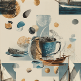 Abstract patterned wallpaper with nautical and celestial motifs.
